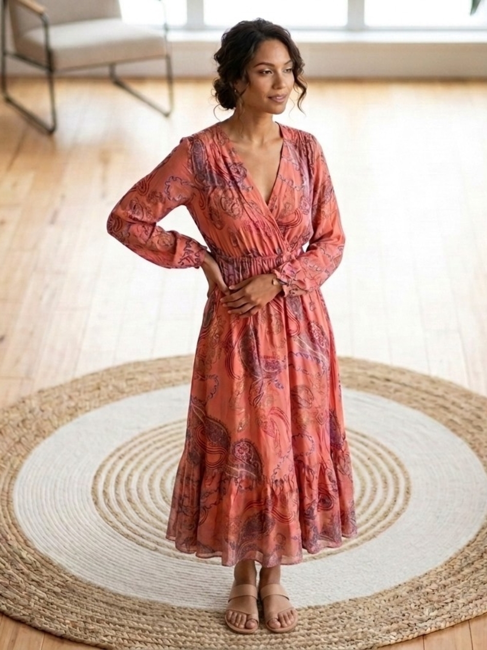 Elena Baldi Bohemian Silk Blend Coral Paisley Maxi Dress Boho Chic Lagenlook